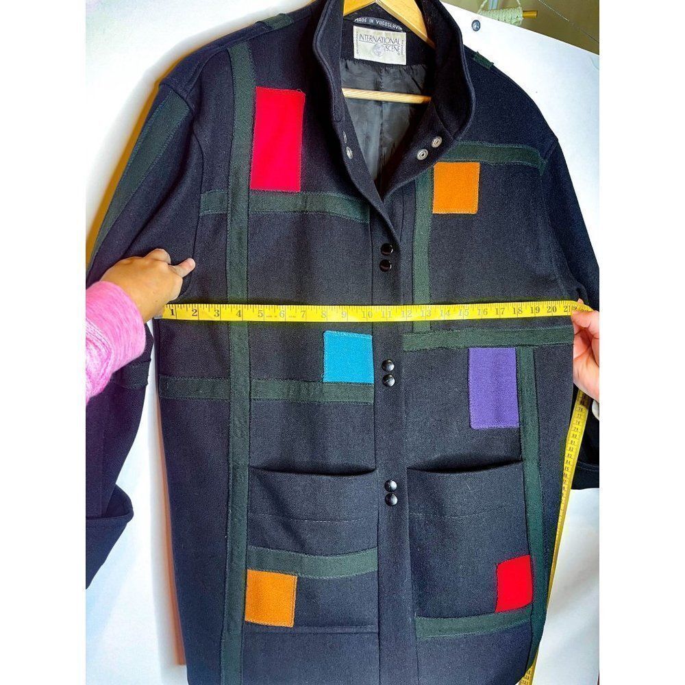 Vintage Retro Black Wool Colorblock Coat Funky - Picture 7 of 9